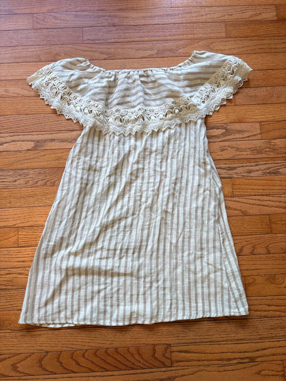 Kori Off-Shoulder Striped Midi Dress in Cream and Tan